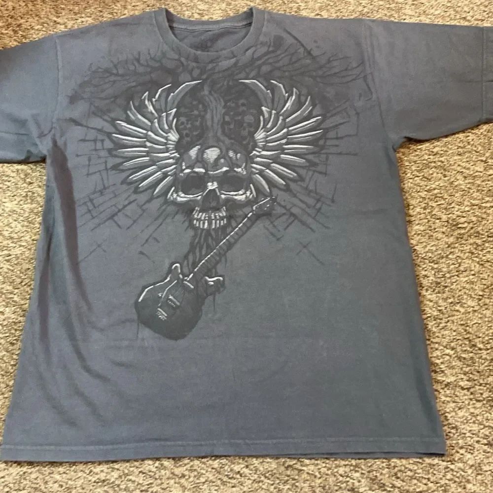 Music Is My Nature Men's Charcoal Graphic Tee with Skull and Guitar Design Sz, L